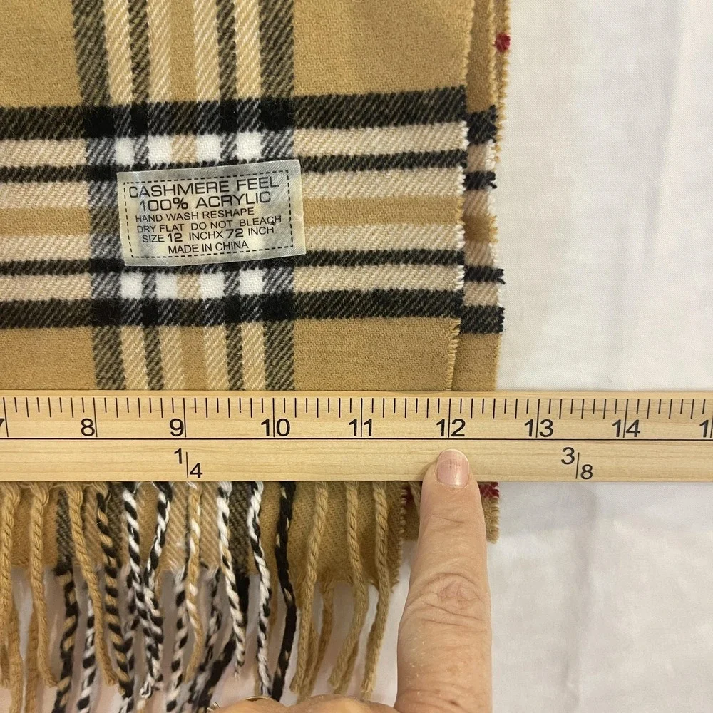 Plaid Scarf‎ Womens 12x72 Tan Camel Black Fringe Cashmere Feel Acrylic Check